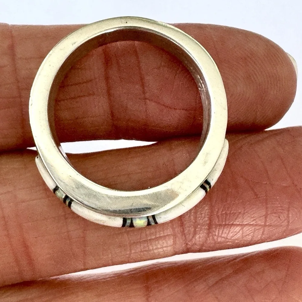 Navajo Wedding Band Sz 13 Inlay Ring Opal White Buffalo 10mm Mens Signed Tolino